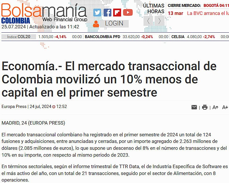 Economa.- El mercado transaccional de Colombia moviliz un 10% menos de capital en el primer semestre